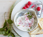 Radish tzatziki dip with crisp flatbreads 